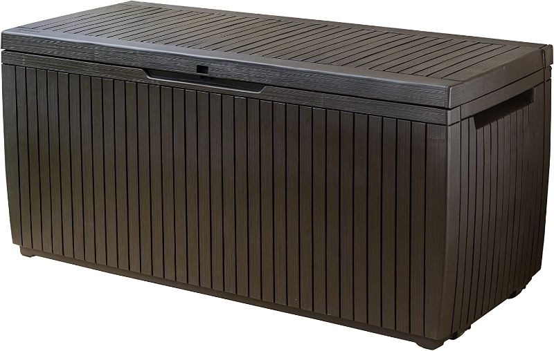 Photo 1 of ***PARTS ONLY*** Keter Springwood 71 Gallon Resin Outdoor Storage Box for Patio Furniture Cushions, Pool Toys, and Garden Tools with Handles, Brown
