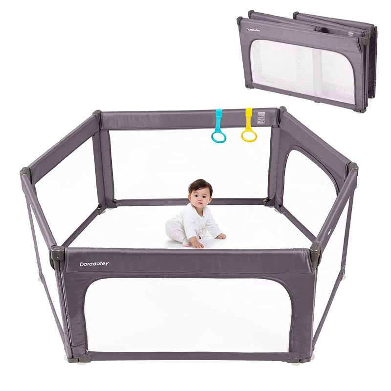 Photo 1 of Baby Playpen, Safety Kids Play Center Yards Baby Foldable Play Pen, Playpens for Babies Small Baby Playard Portable Playpen(47x63in Dark Grey)
