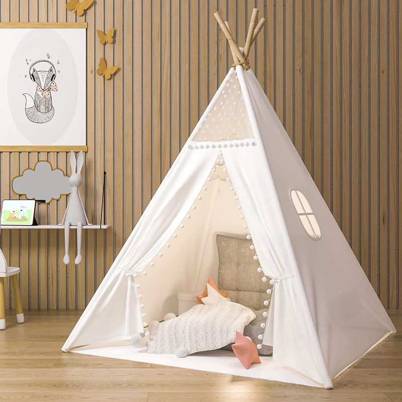 Photo 1 of Gamenote Teepee Tent for Kids Indoor Tents with Mat, Inner Pocket, Unique Reinforcement Part - Foldable Play Tent Canvas Tipi Childrens Tents for Girls & Boys (White) (Teepee4)

