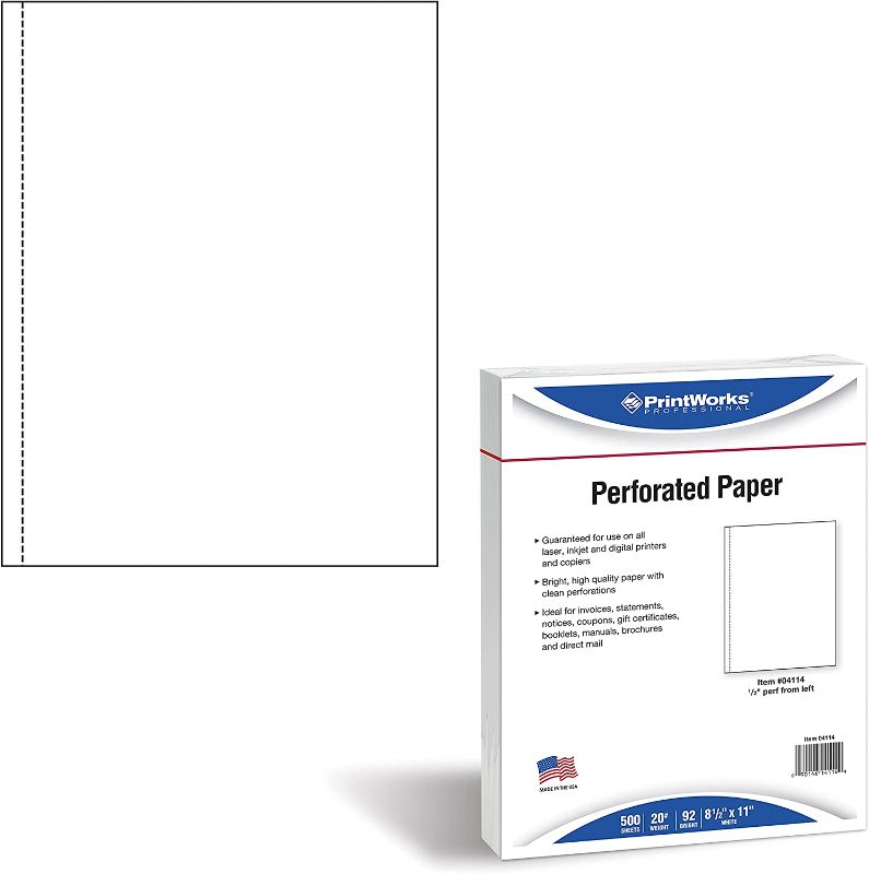 Photo 1 of (X8) PrintWorks Professional Perforated Paper for Presentaions, Booklets, Manuals, Catalogs and More, 8.5 x 11, 20 lb, 1 Vertical Perf 0.5" From Left, 500 Sheets, White (04114)
