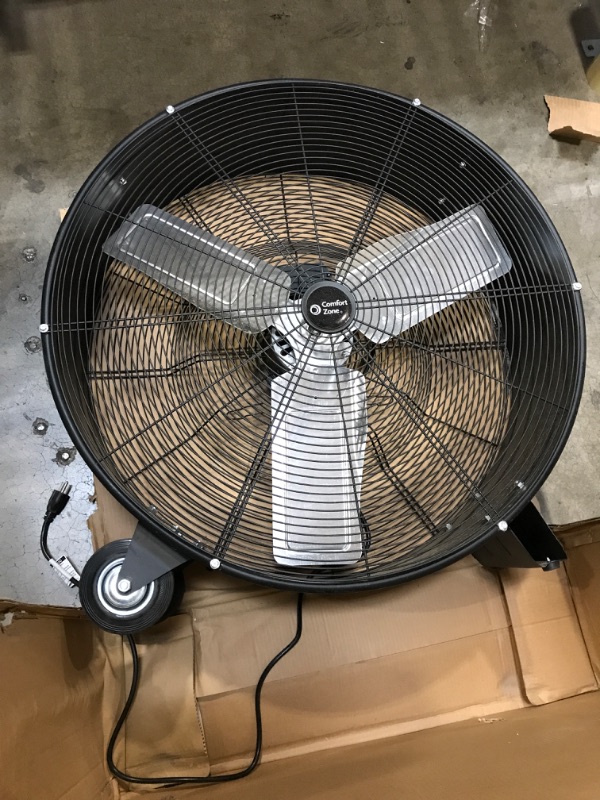 Photo 1 of  High-Velocity Industrial, Drum, Floor, Barn, Warehouse Fan, Heavy Duty Air Mover with Adjustable Tilt & Large Wheel, 24", Yellow
