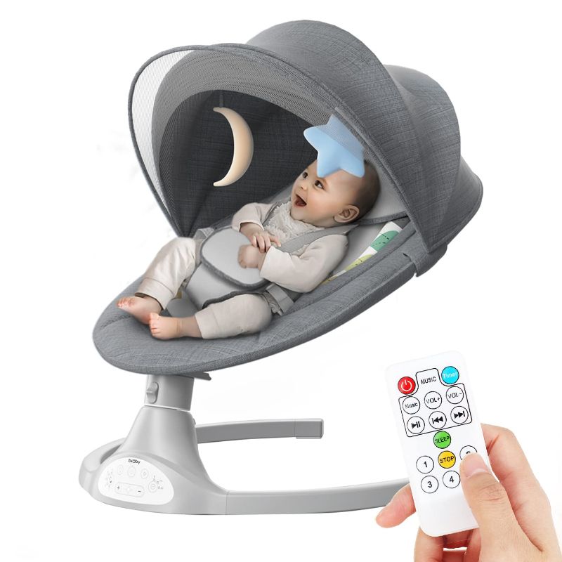 Photo 1 of Bioby Baby Swing for Infants with 5 Natural Sway Speeds,Bluetooth Music Baby Bouncer with Remote Control&5-Point Harness, Lightweight Baby Rocker for 5-20 Lb,0-10 Months?Grey?
