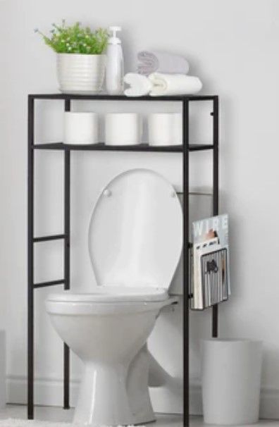 Photo 1 of 2-Tier Freestanding Matte Black Metal Over-the-Toilet Storage Rack with Magazine Holder Basket
