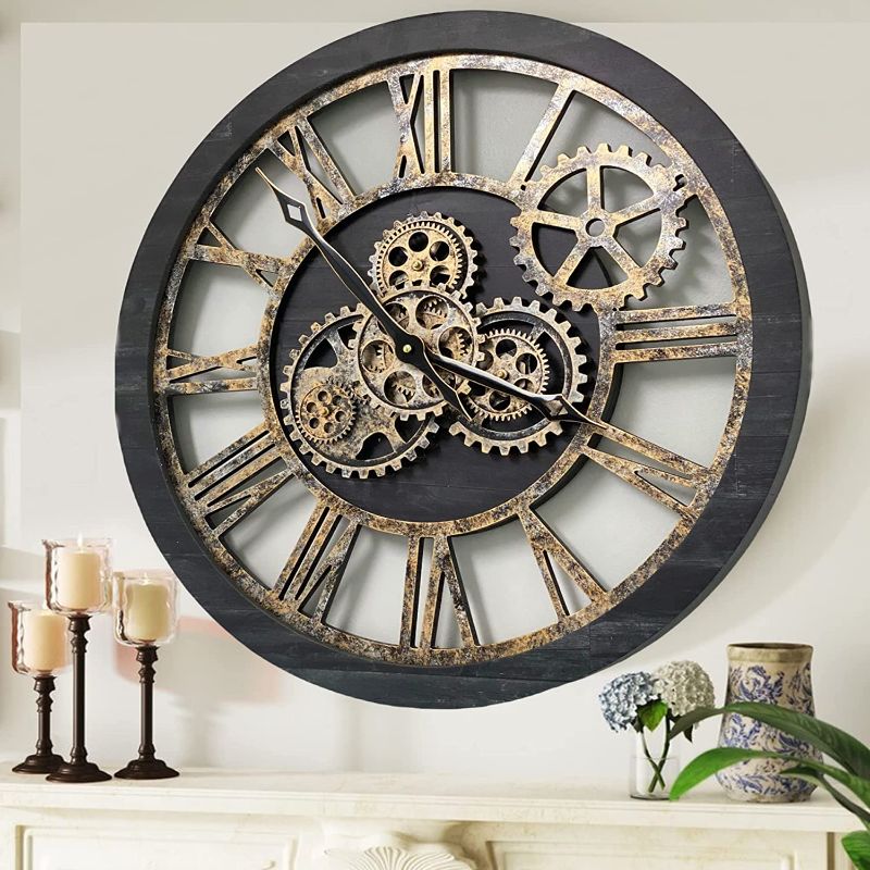 Photo 1 of ***STOCK PHOTO NOT EXACT*** ImprovingLife The Original Real Moving Gear Wall Clock Vintage Industrial Oversized Rustic Farmhouse (30 inch (60cm), Vintage Black Wood and Bronze)
