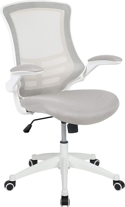 Photo 1 of **Missing Parts** Not exact photo of Chair**Flash Furniture Kelista Mid-Back Light Gray Mesh Swivel Ergonomic Task Office Chair with White Frame and Flip-Up Arms
