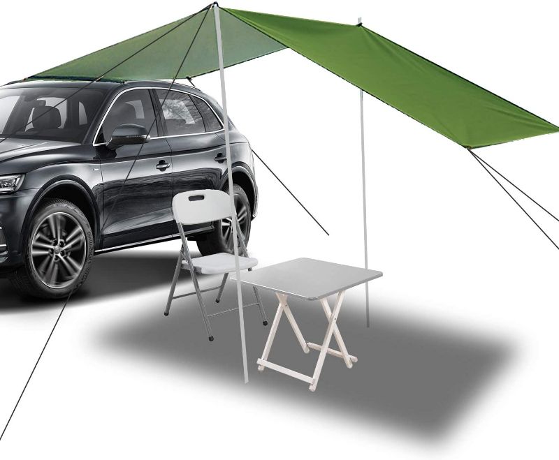 Photo 1 of *INCOMPLETE NO POSTS* Portable Car Awning Vehicle Awning Sun Shelter, 118" x 60“ 210D Silver Coated Oxford Cloth Waterproof Car Tail Tent for Outdoor Camping Fishing for SUV RV(Green)
