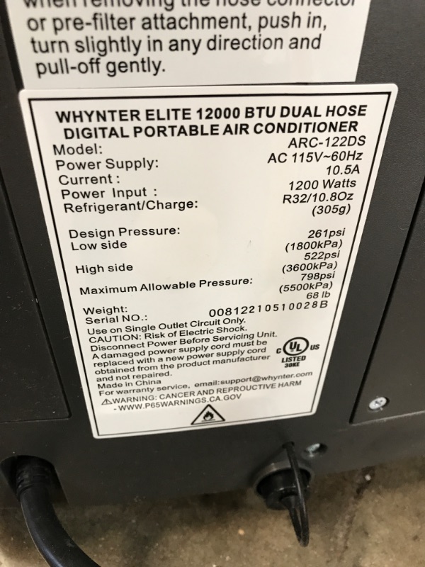 Photo 4 of Whynter Elite ARC-122DS 12,000 BTU Dual Hose Portable Air Conditioner, Dehumidifier ** unable to test not enough power 