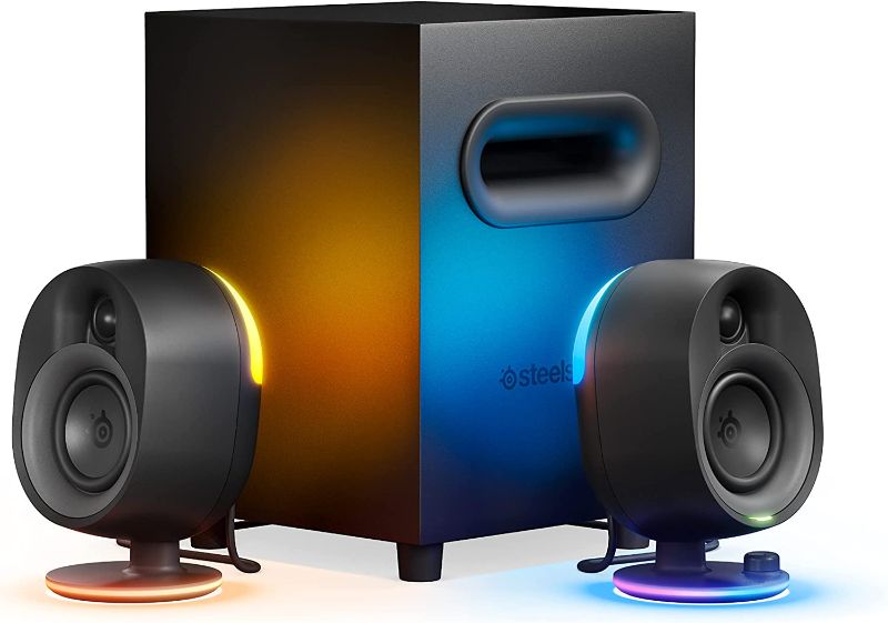 Photo 1 of New SteelSeries Arena 7 Illuminated 2.1 Gaming Speakers – 2-Way Speaker Design – Powerful Bass, Subwoofer – Reactive RGB Lighting – USB, Aux, Optical, Wired – Bluetooth – PC, Playstation, Mobile, Mac