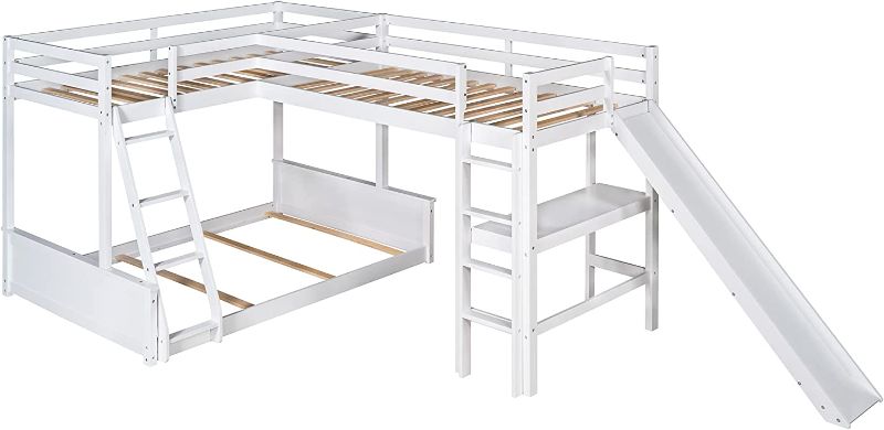 Photo 1 of (incomplete) Harper & Bright Designs L Shaped Loft Bunk Bed Twin Over Full, Triple Bunk Bed with Slide and Desk, Wooden Corner (box 1 of 2)