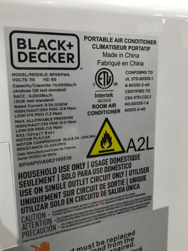 Photo 5 of (DAMAGE)Black+Decker 10000 Btu Portable Air Conditioner With Remote Control White
**DAMAGED COMPONENT**