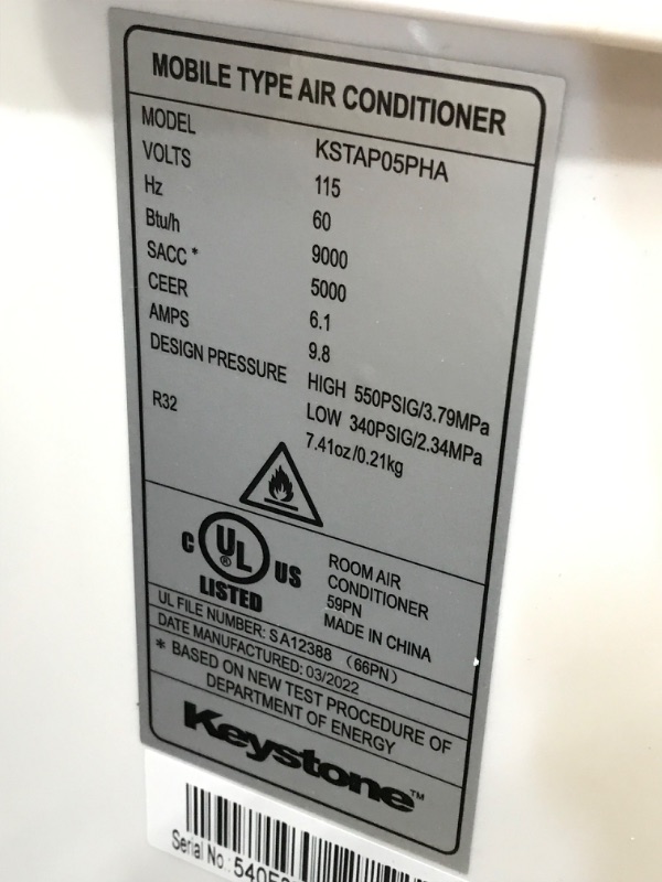 Photo 12 of (DAMAGED)KEYSTONE 115V Sense Sq. Ft, 5,000 BTU Portable Air Conditioner with Remote Control | AC for Rooms up to 200 Sq.Ft. | LED Display | 24H Timer | Dehumidifer | Wheels | 3-Speed | KSTAP05PHA, White
**BROKEN HANDLE, 2 BROKEN WHEELS**
