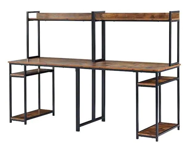 Photo 1 of 94.6 in. Rectangle Brown MDF Double Workstation Desk with Shelf Two Person Computer Desk with Storage
