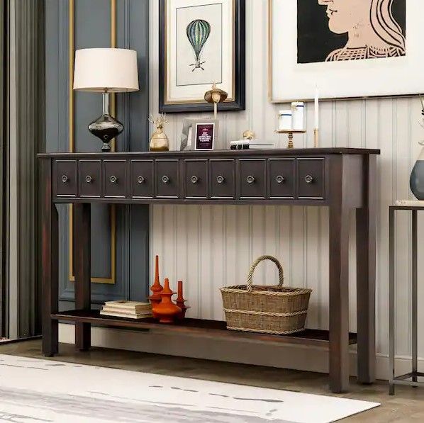 Photo 1 of 60 in. Black Rustic Standard Rectangle Wood Console Table with 2 Different Size Drawers and Shelf for Storage
