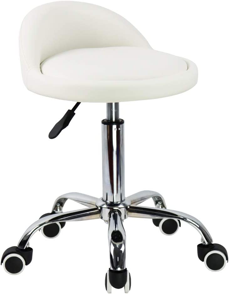 Photo 1 of KKTONER PU Leather Round Rolling Stool with Back Rest Height Adjustable Swivel Drafting Work SPA Task Chair with Wheels (White)
