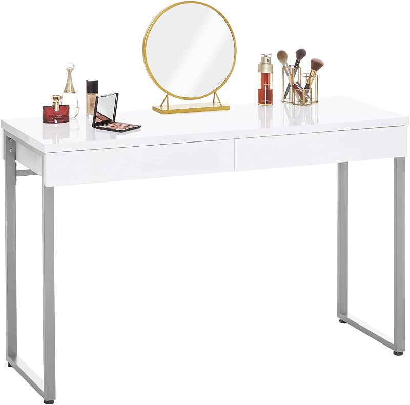 Photo 1 of GreenForest Vanity Desk with 2 Drawers Glossy White 47 inch Modern Home Office Computer Writing Desk Makeup Dressing Table with Metal Silver Legs for Bedroom,Without Mirror
