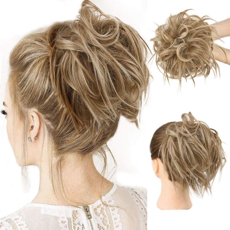 Photo 1 of HMD Tousled Updo Messy Bun Hairpiece Hair Extension Ponytail with Elastic Rubber Band Updo Ponytail Hairpiece Synthetic Hair Extensions Scrunchies Ponytail Hairpieces for Women(Tousled Updo Bun, 12H24(light Brown Mix Natural Blonde)
