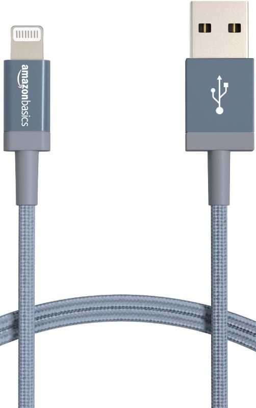 Photo 1 of Amazon Basics Nylon USB-A to Lightning Cable Cord, MFi Certified Charger for Apple iPhone, iPad, Dark Gray, 3-Ft
