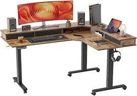 Photo 1 of (NON FUNCTIONING MOTOR/POWERPANEL CONNECTION) FEZIBO Triple Motor 63" L Shaped Standing Desk with 3 Drawers, Electric Standing Desk Adjustable Height, Corner Stand up Desk with Splice Board, Black Frame/Light Rustic Brown Top
