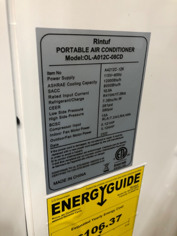 Photo 4 of (DAMAGED SIDE)  Rintuf 2022 12000 BTU Portable AC, Cools Rooms up to 550 Sq.ft, Also as Dehumidifier & Fan & Smart Timer, with Handy Remote, Washable Filter, Universal Wheels, Window Kit
