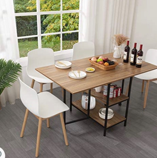 Photo 1 of (DAMAGED TABLE CORNERS_ KOTPOP Folding Dinner Table, Drop Leaf Folding Extension Dinner Table for Kitchen, Farmhouse Room, Space Saving Table with 2 Storage Racks and 2 Wheels, Natural