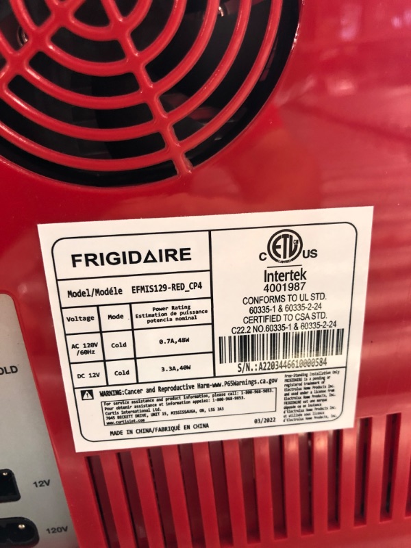 Photo 3 of Frigidaire RED EFMIS129- CP4 Mini Portable Compact Personal Fridge Cooler, 4 Liter Capacity Chills Six 12 oz Cans, 100% Freon-Free & Eco Friendly, Includes Plugs for Home Outlet & 12V Car Charger
