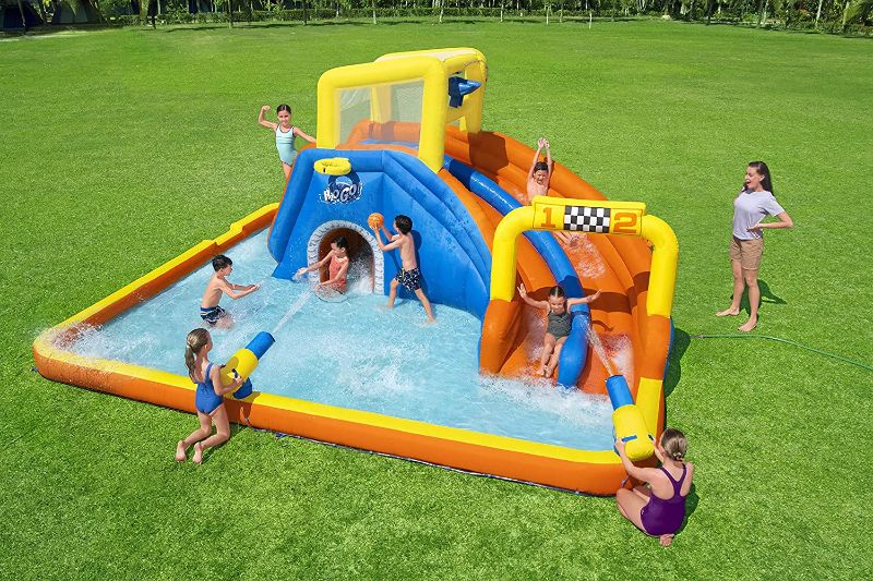 Photo 1 of **MISSING PUMP** Bestway H2OGO! 18 x 16.5 x 8.7 Foot Super Double Racing Slide Speedway Kids Inflatable Water Park with Air Blower, Ground Stakes, and Storage Bag
