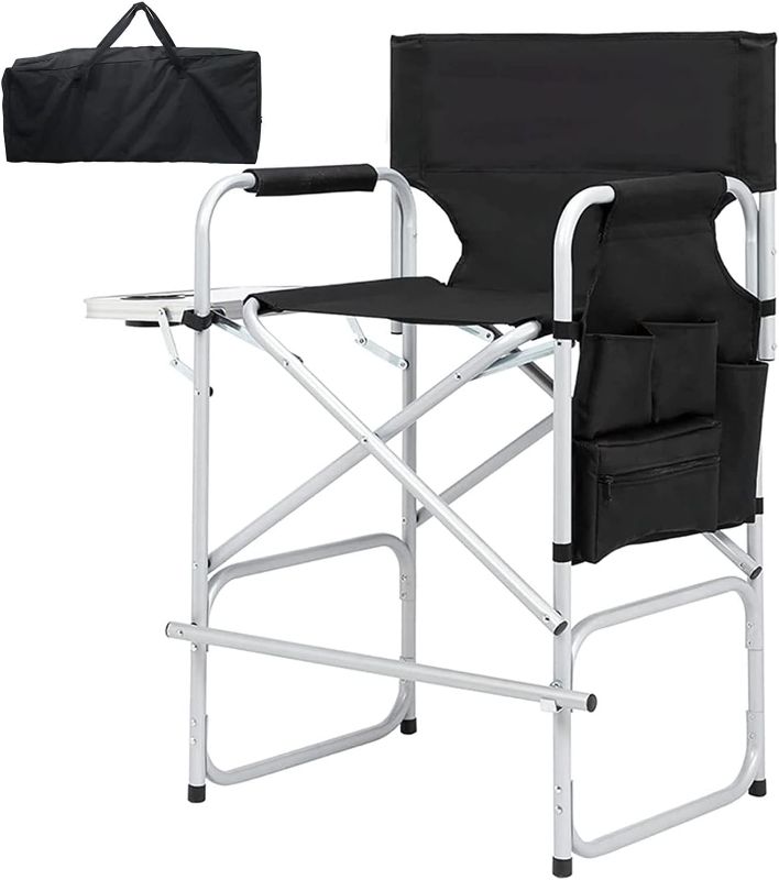 Photo 1 of 41'' Tall Directors Chair,Portable Makeup Artist Chair with Side Table,Folding Chair for Camping, Home Patio, Golf Course, Cup Holder and Storage Bag, Weight Capacity 400LBS
