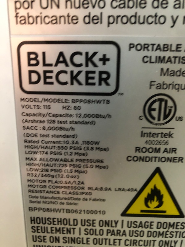 Photo 6 of USED: Black+Decker 12000 Btu Portable Air Conditioner With Heat And Remote Control White 17.32"D x 27.2"W x 13.2"H
