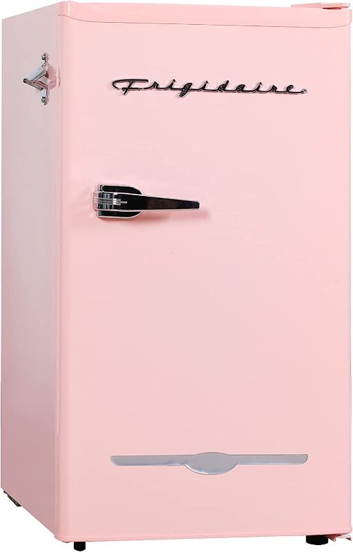 Photo 1 of DENTED**
FRIGIDAIRE EFR376 Retro Bar Fridge Refrigerator with Side Bottle Opener, 3.2 cu. Ft, Pink/Coral
