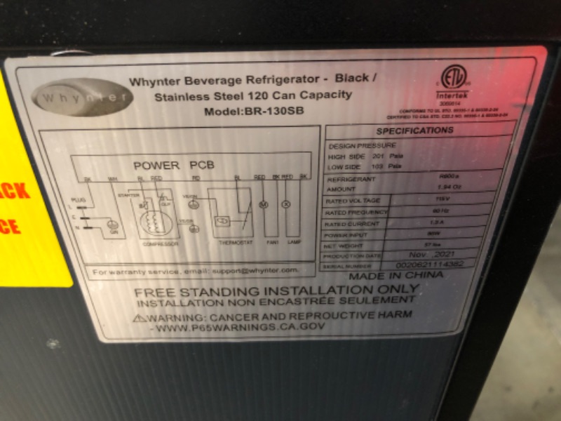 Photo 6 of ***PARTS ONLY*** Whynter BR-130SB Beverage Refrigerator with Internal Fan, Stainless Steel
