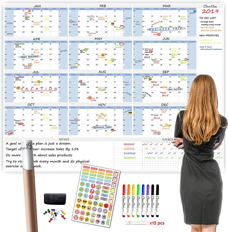 Photo 1 of Jumbo Dry Erase Wall Calendar - 48"x58" 2023 Undated Yearly Planner for Home, Office, School Projects - X Large Erasable Laminated Task Organizer (Blue)
