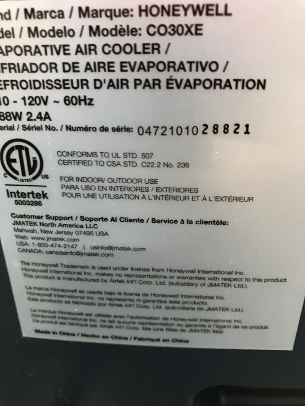 Photo 5 of Honeywell 525 CFM Indoor Outdoor Portable Evaporative Cooler with Fan & Humidifier, Washable Dust Filter & Remote Control, CO30XE
