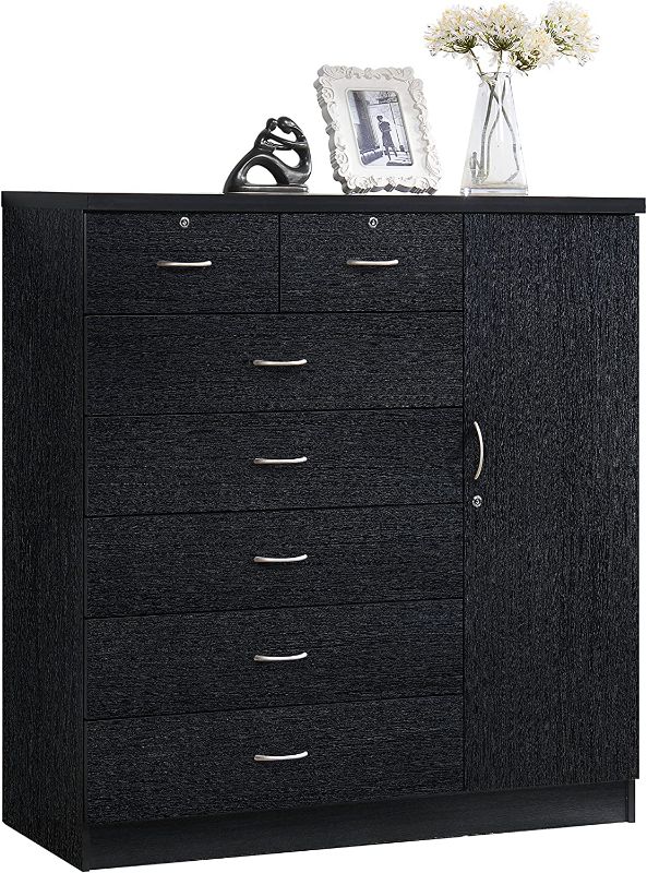 Photo 1 of **INCOMPLETE MISSINGBOX 1 OF 2 !! Hodedah 7 Drawer Jumbo Chest, Five Large Drawers, Two Smaller Drawers with Two Lock, Hanging Rod, and Three Shelves | Black
