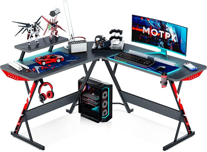 Photo 1 of MOTPK L Shaped Gaming Desk with Carbon Fiber Surface, Corner Computer Desk L Shape with Monitor Shelf, Gamer Desk Gaming Table with Cup Holder & Headphone Hook, Black, 51 Inch
