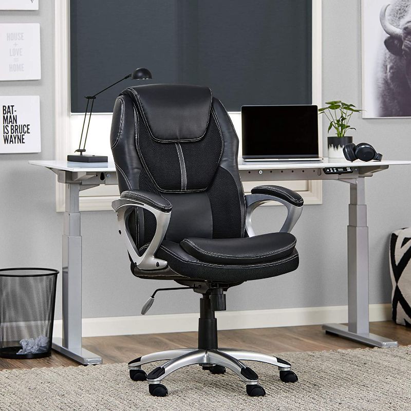 Photo 1 of Serta Executive Office Padded Arms, Adjustable Ergonomic Gaming Desk Chair, Black & AIR Health and Wellness Executive Office Chair High Back Ergonomic, Bonded Leather, Light Gray
