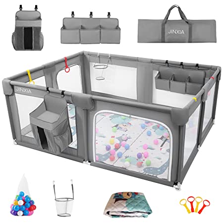 Photo 1 of Baby Playpen Set(Grey 75”×59”), playpen for Babies and Toddlers, Portable Extra Large Baby Fence Area with Anti-Slip Base, Safety Play Center Yard Home Indoor & Outdoor with Play Mat
