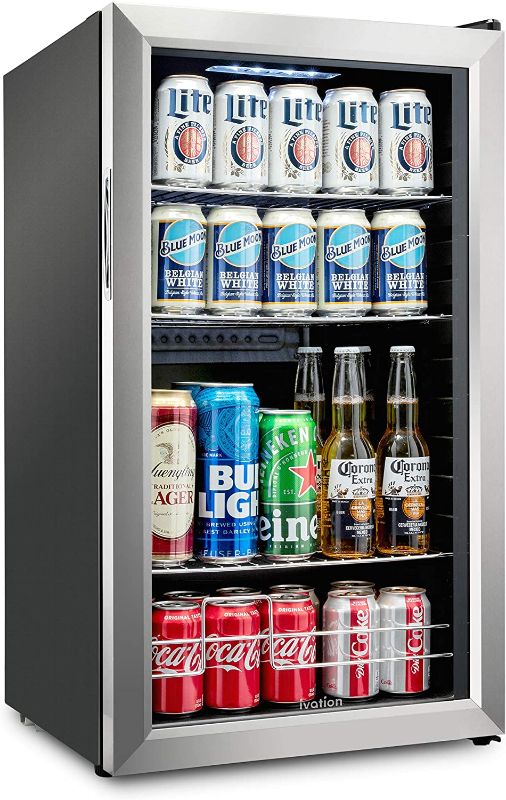 Photo 1 of DOES NOT TURN COLD-Ivation 126 Can Beverage Refrigerator | Freestanding Ultra Cool Mini Drink Fridge | Beer, Cocktails, Soda, Juice Cooler for Home & Office | Reversible Glass Door & Adjustable Shelving, Stainless Steel
