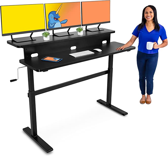 Photo 1 of Stand Steady Tranzendesk | 55 Inch Dual Level Standing Desk with Shelf | Easy Crank Height Adjustable Sit to Stand Desk | Stand Up Workstation with Monitor Riser for Home & Office (55in / Black)
