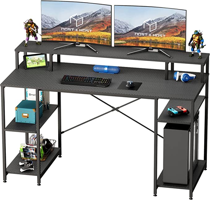 Photo 1 of Nost & Host 55 Inch Gaming Monitor Desk, Dual Computer Desk with Monitor Shelf and Storage Shelves, 2-Tier Writing Study Table, Carbon Fiber
