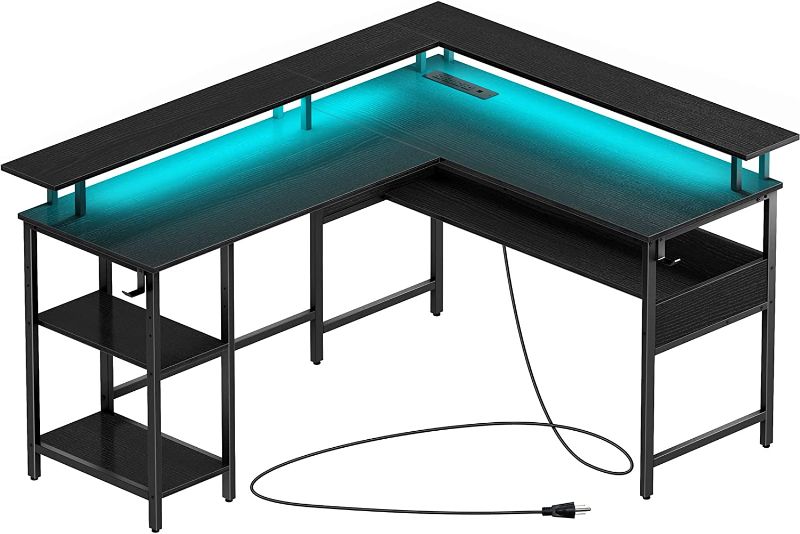 Photo 1 of Rolanstar Computer Desk L Shaped with LED Strip & Power Outlets, Reversible L Shaped Computer Corner Desk with Monitor Stand, Home Office Gaming Desk with USB Port&Hook, Black
