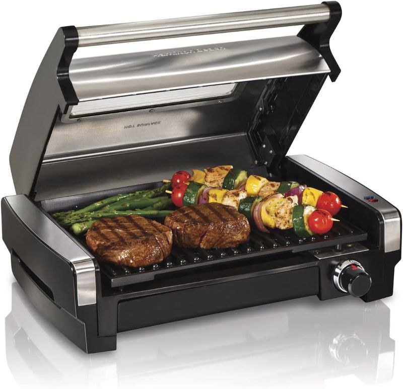 Photo 1 of Hamilton Beach Electric Indoor Searing Grill with Adjustable Temperature Control to 450F, 118 sq. in. Surface Serves 6, Removable Nonstick Grate, Viewing Window, Stainless Steel
