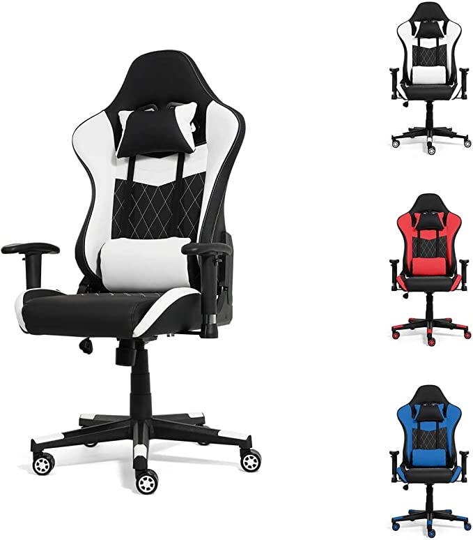 Photo 1 of CAPHAUS Ergonomic Gaming Chair, High Back PU Leather Office Chair, Backrest and Seat Height Adjustable Video Game Chair, Swivel Recliner w/Headrest, Armrest, and Lumbar Support, White, Diamond
