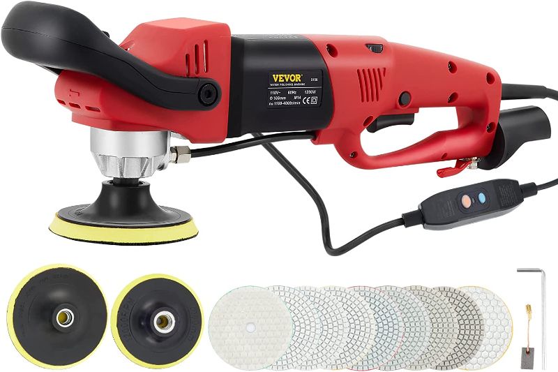 Photo 1 of **WILL NOT POWER ON** Parts Only**VEVOR Wet Polisher Grinder, Variable Speed 8 pcs Polishing Kit, with 4" & 5" Diamond Pads, Buffing Machine w 59" Pipe Adapter & Splash Shield, Concrete Stone Tool for Granite/Marble Countertop CE
