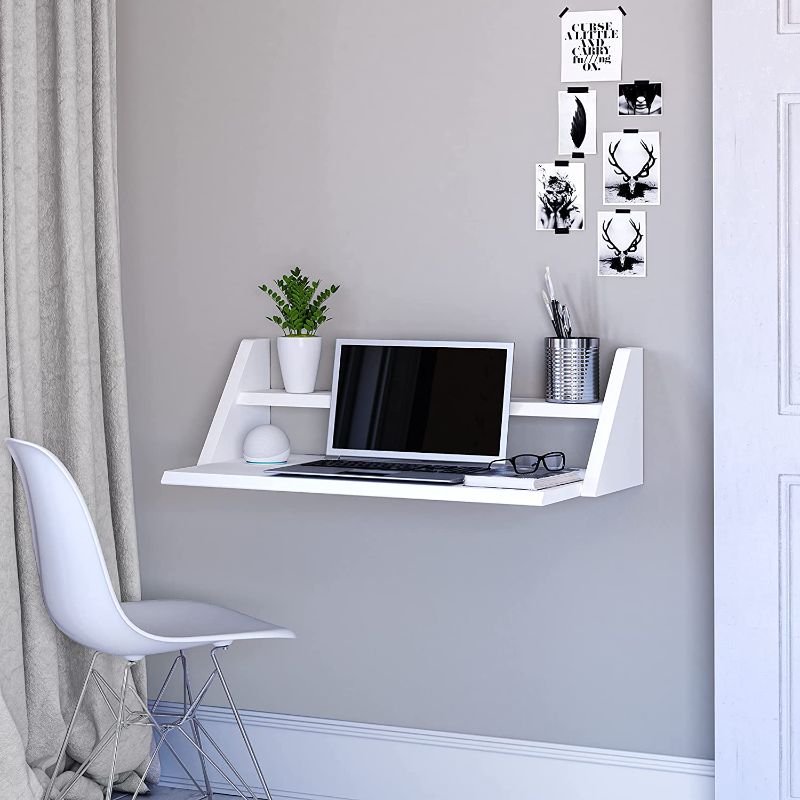 Photo 1 of Fytz Design Reversible Wall Desk, White Floating Desk for Wall with Wall Mounted Desk Shelf, Computer Home Office Desk for Bedroom, Living, Kitchen and Study - L
