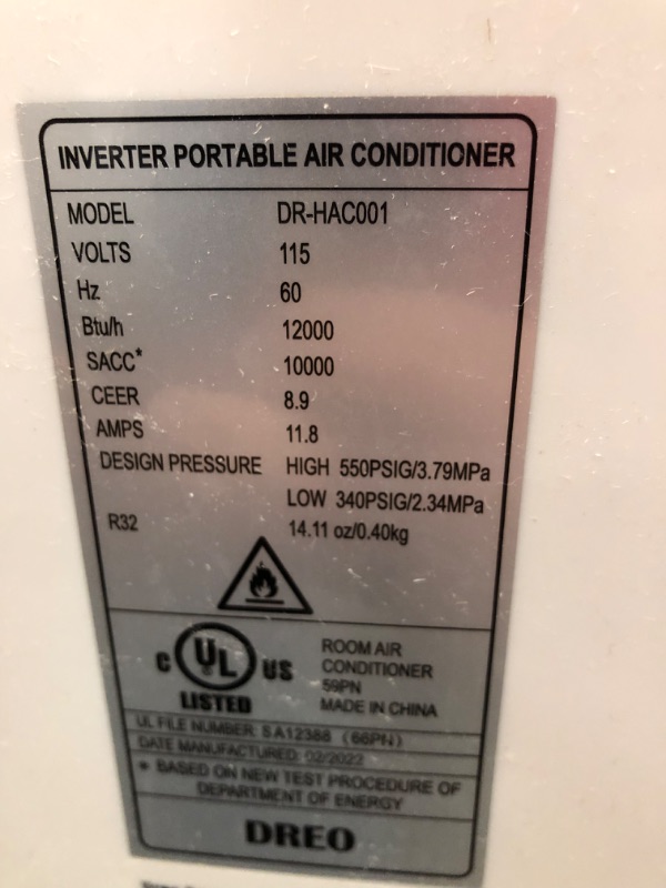 Photo 1 of Dreo TwinCool 12000 BTU Smart Inverter Portable Air Conditioner with Dual Hose, 42dB Quiet,Powerful Cooling, Up to 450 Sq Ft, Remote Control, Dehumidify, 24H Timer, Window Mount Kit, White, DR-HAC001
