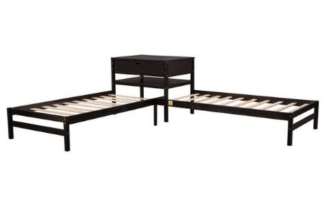 Photo 1 of *INCOMPLETE BOX 1 OF 2* Espresso Twin Size L-Shaped Platform Beds with Drawer Linked with Built in Rectangle Table
