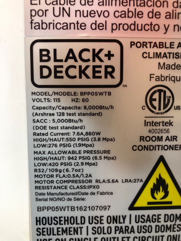 Photo 7 of *DOES NOT BLOW AIR* Black+decker 8,000 BTU Portable Air Conditioner with Remote Control, White