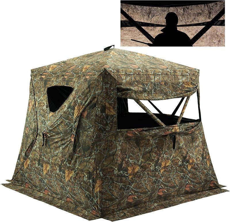 Photo 1 of 3 Person Silent Hunting Ground Blind 360 Degree One-Way See Through Portable Pop Up Hunting Tent with Frame Door, Carrying Backpack
