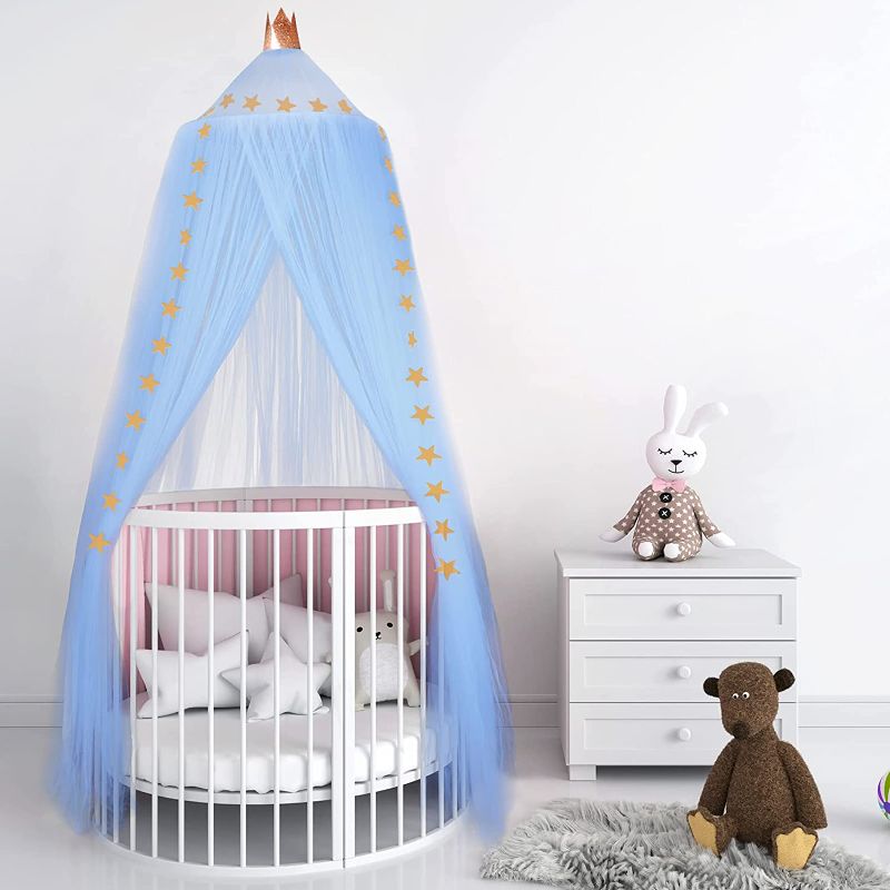 Photo 1 of Bed Canopy for Kids Girls Boys Baby, Crown Princess Canopy Round Dome Stars Mosquito Net Tent Bedroom Indoor Outdoor Castle Crib Canopy for Children Reading House Decor (Sky Blue, 10 Layers Yarn)
