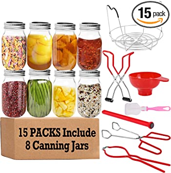 Photo 1 of 15Pack Canning Jars Starter Supplies Kit Set: 8 of 16oz Mason Jar with Lids Regular Mouth, Jar Lifter Funnel Stainless Steel Steam Pot Rack Tongs Bubble Popper Wrench Bulk Tools for Canner Beginner
